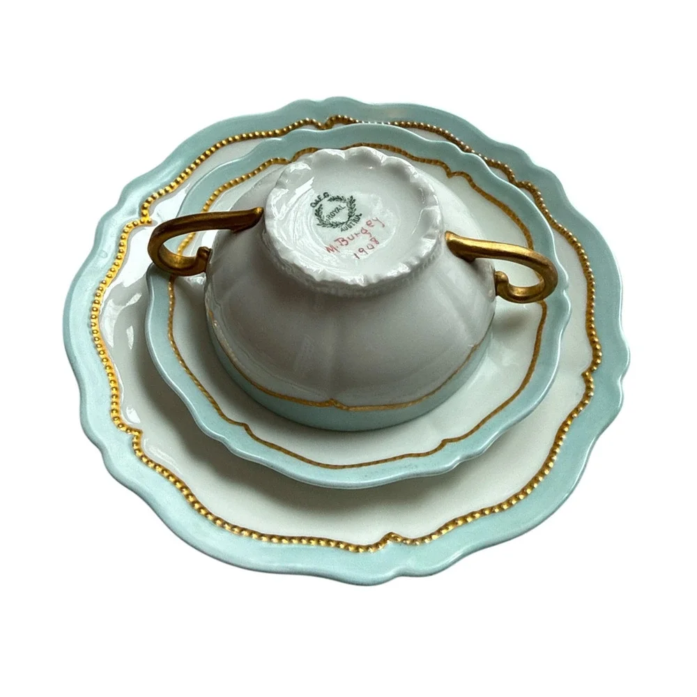 Antique O&EG Royal Austria Bouillon Cup Saucer Plate Blue Gold Gilt c1908 READ